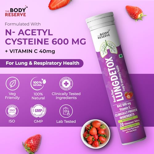 Image of The Body Reserve Lung Detox 60 Effervescent Tablets With N-Acetylcysteine 600mg and Vitamin C | Cleaner Lungs Detoxification and Immune Defence Strawberry Flavour (Pack Of 3)