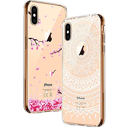 [2-Pack] Yoowei Cover per iPhone XS Trasparente con Disegni, Morbida Silicone Ultra Sottile TPU Gel Custodia Protettiva Compatibile con iPhone XS / X - Fiore di Ciliegio & Mandala Bianca