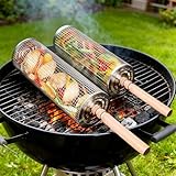 2 Stück Zylindrisch Grillkorb Edelstahl 304, Rollendes Grill Zubehör Mit Abnehmbarem Holzgriff,...