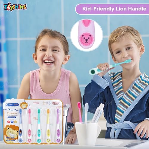 Image of Spanker Pack of 5 Children's Cute Soft Bristle Toothbrush with Fine Bristles | Lion Handle & Pressure-Reducing Design for Good Cleaning Effect Manual Toothbrush For Kids 3-12yrs