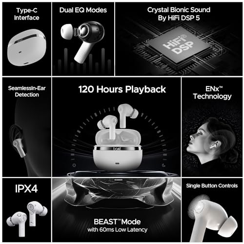 Boat Nirvana Ion, 120HRS Battery, Crystal Bionic Sound w/Dual EQ Modes, 4Mics ENx, App Support, Low Latency, IPX4, v.5.2 Bluetooth TWS in Ear Earbuds Wireless Earphones with mic (Ivory White) view 2