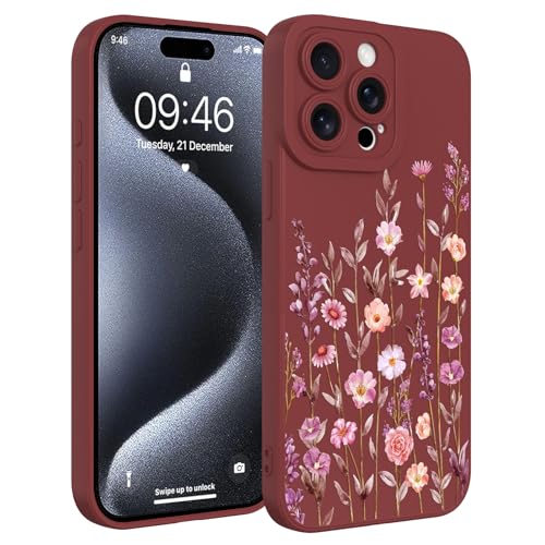 Image of Designed for iPhone 15 Pro Case Flower for Women Girls, Wine Red | Cute Floral Pattern Liquid Silicone Phone Case [Full Camera Protection] Slim Soft TPU Protective Cover