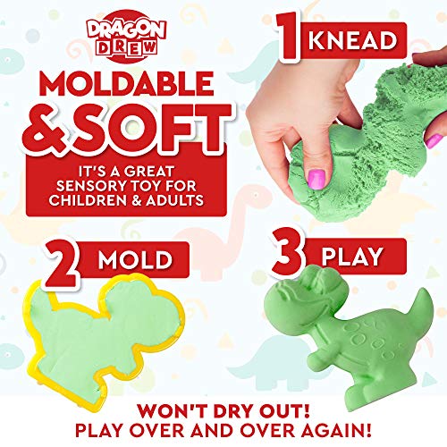Dragon Drew Kinetic Modeling Clay Sand - 17 Piece Flossy Play Dough Set – 10 Jurassic Dinosaur Plastic Molds - 6 Colors - Reusable, Moldable, Stretchy, Non Sticky, Non Drying, Silky Smooth