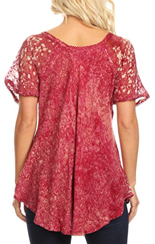 Image of Sakkas Ash Speckled Tiedye Embroidered Cap Sleeve Blouse Top with Embroidery Hems