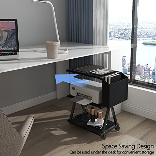 Vedecasa Mobile Printer Stand 3 Tier Wood Shelf Metal Frame Printer Table With Storage Bag For Home Office Modern Under Desk Sofa Beside End Table Printer Cart With Rolling Caster Wheel (Black) #TOP2