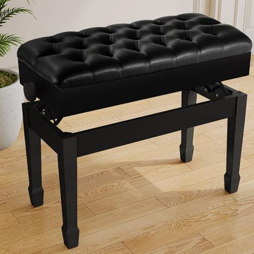 LIFERUN Wooden Adjustable Piano Bench with Storage, Solid Wood Heavy Duty Piano Stool with Tear...