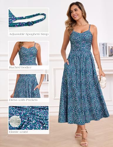 Annebouti Women 2026 Summer Spring Ruched Maxi Dress Adjustable Spaghetti Strap Floral Beach Long Sundress with Pockets - Image 6