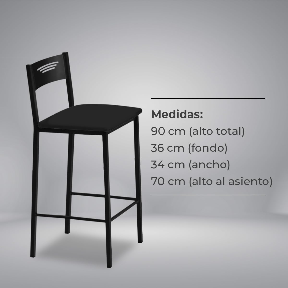 ASTIMESA - Taburetes de Cocina Altos Tapizados con Respaldo - Estructura Negra y Asiento en Polipiel - Color del Asiento: Negro. Contenido: 1 Unidad - Medidas: 90 cm (Alto Total)