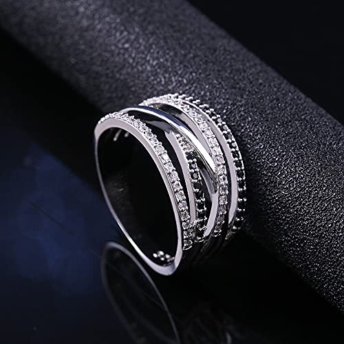 CHWLNJN S925 Sterling Silver Cross-Wound Black Gemstone Ring Personality Inlaid Multi-Row CZ Diamond Ring Eternal Engagement Wedding Ring Fashion Women's Ring (6)4