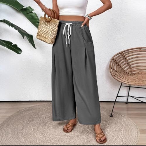Womens Wide Leg Pants Flowy Stretch Drawstring High Waisted Summer Lounge Palazzo Trousers with Pockets