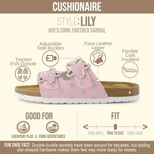 Image of CUSHIONAIRE Lily Girl Toddler Sandals with Adjustable Gold Tone Star Buckles and Cushioned Cork Footbed Slip On Girls Slides for Kids