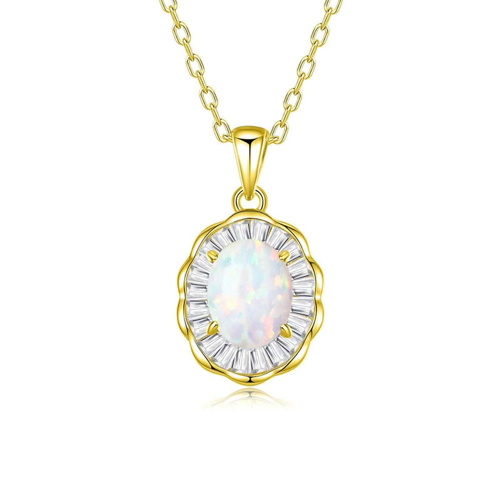 Oro Bianco 9 K/14 K/18 K Ciondolo Collana Donna, Fiore e Ovale con Opale e Moissanite, Collane da Donna Argento