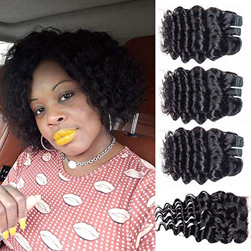 YePei Brazilian Virgin Deep Wave Hair 3 Bundles With Free Part Lace Closure 100% Unprocessed Human Hair Weave Weft(8 8 8 with 8)