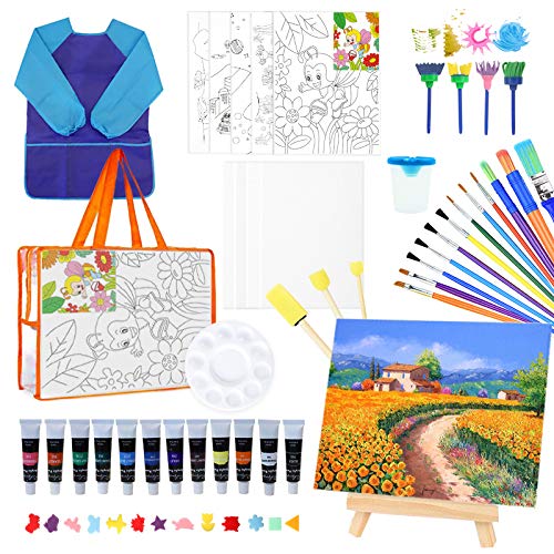 Kids Paint Set 75 pcs Canvas Painting Kit with Storage Bag Includes 12 Non Toxic Paints,12 Painting Brushes,10 Well Palette, Sponge Brushes,Art Smock,Pen Wash Bucket for Kids Canvas Painting