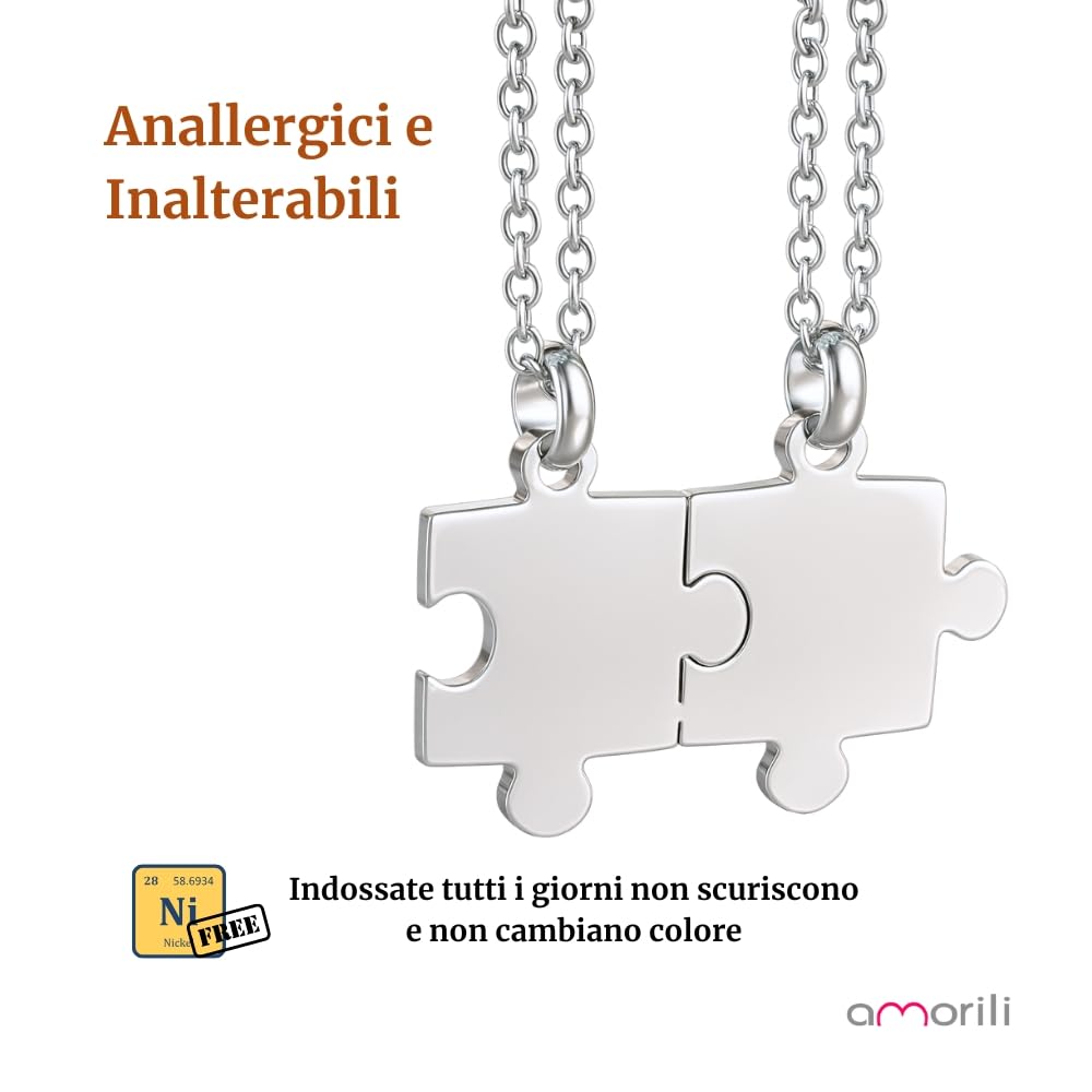 Collana Coppia Puzzle che si Divide a Metà in Acciaio Inox Lucido | Gioiello per Fidanzati e Migliori Amiche | Ciondolo Metà Cuore Amicizia Amore | Idea Regalo per Lei e Lui cll1881b