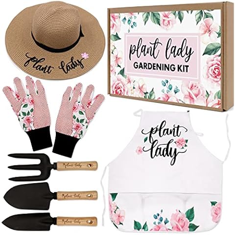 Percozzi Plant Lady Gardening Gifts for Women Gardening Tools Kit with Planting Tools Straw Hat Floral Apron Glove for Her Spring Outdoor Grandmother Horticulture Starter Set of 6 Cover