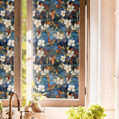 Vinilo decorativo para ventana 40x300 cm flores blanco y azul miniatura 1
