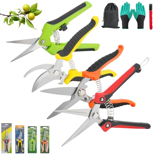 BZUEPRS 7 Piezas Tijeras de Podar de Mano, Tijeras Podar, Afiladas Tijeras Jardineria con Bolsa de Almacenamiento, Guantes, Piedra de afilar,Pruning Shears con Cierre de Seguridad