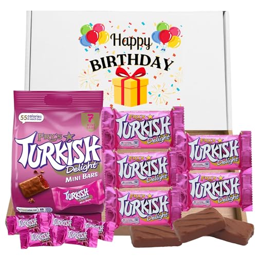 Birthday Chocolate Gifts Turkish Delight Gift Box Bundle With x5 Frys Turkish Delight Chocolate 51g Bars and Frys Turkish Delights Mini Bars 105g in Happy Birthday Chocolate Hamper