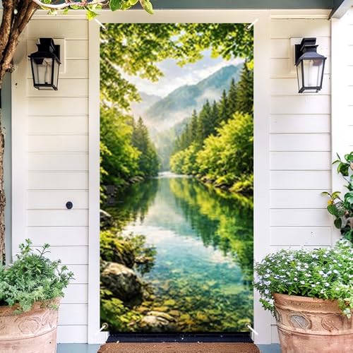 Image of Forest Mountain Lake Door Cover Nature Front Door Banner Decor