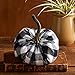 Your Heart's Content Set of 4 Small Velvet and Flannel Pumpkins, Black and White Buffalo Plaid Decor, Black Pumpkin Shelf Sitters, Farmhouse Bowl Fillers, Halloween (2 Buffalo Plaid, Black, Ivory)