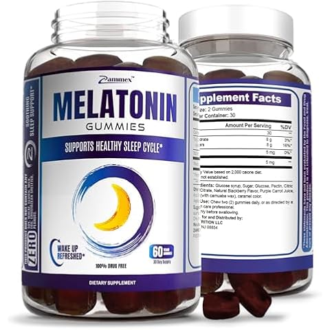 Zammex Melatonin Gummies 5mg | 60 Count | Sleep Supplement for Adult | Drug Free Sleep Aid Gummy | Natural Berry Flavor | Vegan, Non-GMO, Gluten Free Cover
