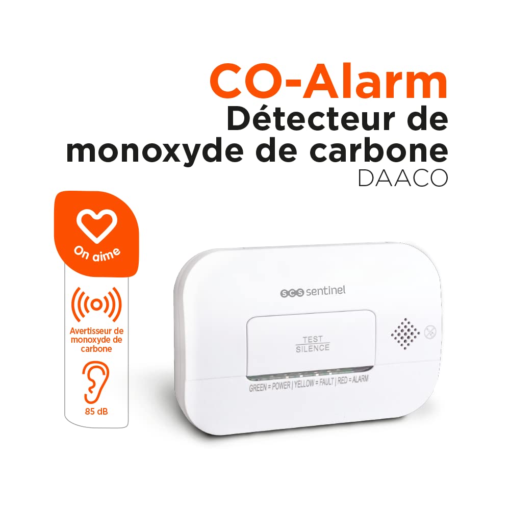 SCS Sentinel - SDA0041 - Détecteur de monoxyde de Carbone - Alarme 85 DB Minimum - Bouton d’Auto-Test - Alarme sonore avec indicateur Lumineux - 2 Piles LR6-AA-1,5V - CO-Alarm