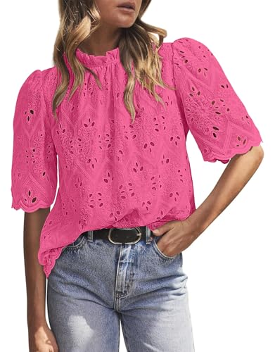 BETTE BOUTIK Womens Lace Tops 2025 Trendy Long Short Sleeve Eyelet Embroidered Dressy Casual Blouse Shirts