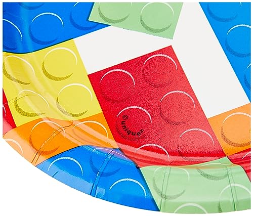 Image of Bold & Bright Building Blocks Birthday Round Dessert Plates - 7 inch (Pack of 8) - Vibrant & Fun-Themed Party Tableware - Perfect for Kids' Milestone Celebration