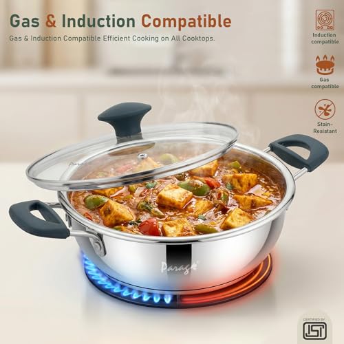 Image of Parage Stainless Steel Kadhai with Glass Lid, 2200ml, Induction & Gas Compatible, Triply Bottom Steel Kadai 24cm with Silicone Handle for Curry, Sabzi & Daily Cooking, 2 Years Warranty