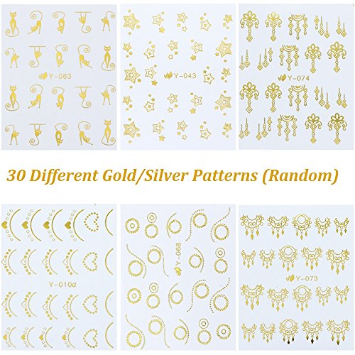30Sheets Gold Silver Nail Art Water Transfer Decals Metallic Nail Stickers Butterfly Lace Flower Dream Catcher Feather Nail Decorations #TOP7