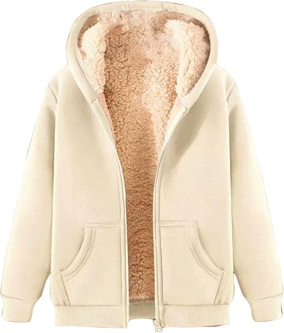 VNBUY Fleecejacke Damen Winter Warm Winterjacke Kapuzenpullover Teddyjacke Sweatshirt Reißverschluss Frauen Teenager Mädchen Kapuzenjacke Mantel Einfarbige Bekleidung Bequeme ÜBergangsjacke