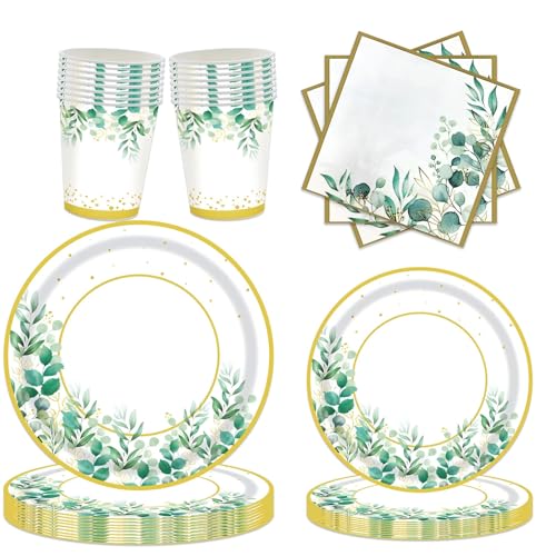 Vaisselle d'Anniversaire pour Mariages - 96 Pièces Assiettes Vertes Gobelets et Serviettes en Papier pour 24 Invités