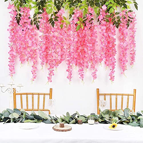 SZJH 12pcs 3.6 Feet/Piece Artificial Fake Wisteria Vine Ratta Hanging Garland Silk Flowers String Home Party Wedding Decor (Pink) - Image 4