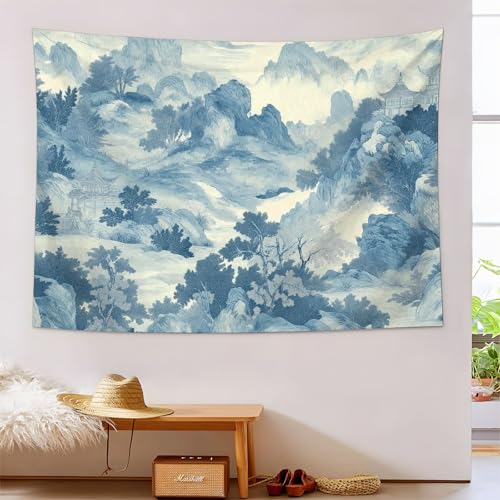 Tapiz de paisaje chino turquesa de 150x230cm para crear un dormitorio relajante