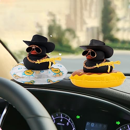 Image of wonuu Car Ornament Rubber Duck, for Car Dashboard Decoration Accessories with Hat Swim Ring Necklace Sunglasses, A Black&Black Cowboy Hat&Transparent