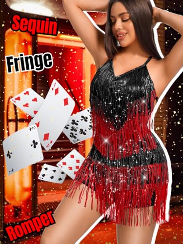 Kaei&Shi Sequin Fringe Dress,Backless Sexy Rompers For Women Clubwear,Sparkly Dance Outfits Rave Festival Concert Disco2