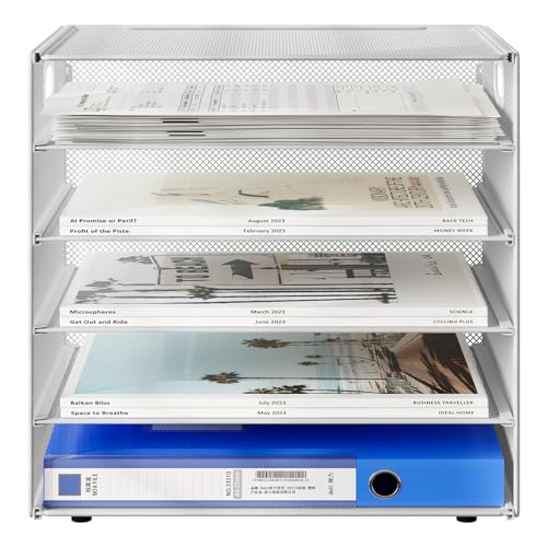 EasyPAG 5 Tier Desktop A4 Office Mesh Tray Desk Tidy File Holder Paper Organiser Magazine Storage Rack,White - Image 3