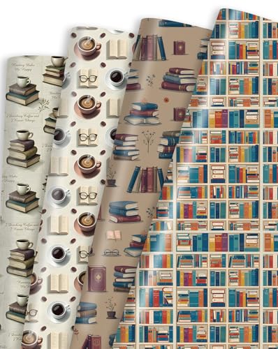 Papel de regalo de 12 hojas de papel de regalo con diseño de plantas y vasos de café, perfecto para cumpleaños, vacaciones, bodas, amantes de los libros, biblioteca, papel de regalo de graduación, 20