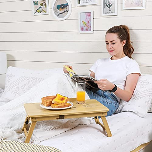 Zipom 100% Portable Bamboo Laptop Stand Foldable Desk Notebook Table Laptop Bed Tray Bed Table, play games on bed Table with Drawer (19.5in-flower)