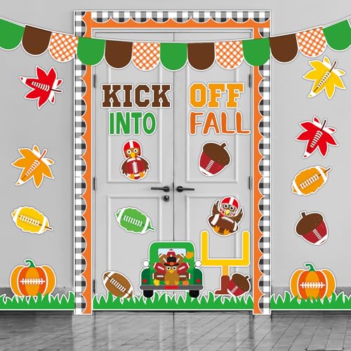 Image of Fall Football Bulletin Board Kick Off into Fall Bulletin Border Autumn Turkey Maple Leaves Pumpkin Cutouts Thanksgiving Theme Sport Bulletin Decorations Set for School Classroom Home Window Wall Decor