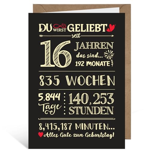 BETESSIN Geburtstagskarte 16 Jahre Junge & Mädchen - Kreative Glückwunschkarte mit Umschlag - Geburtstagskarte 16. Geburtstag - Lustige Geschenke zum 16 Geburtstag Mädchen & Jungen (Schwarz)