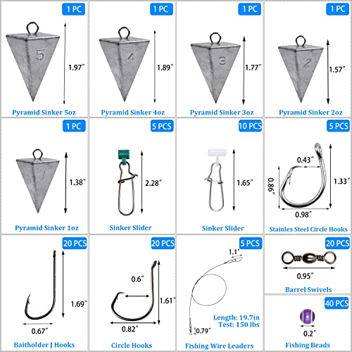 Surf Fishing Tackle Kit, 130pcs Saltwater Surf Fishing Rigs Fish Finder Rig Live Bait Rigs Include Fishing Leaders Pyramid Sinker Weight Sinker Slider Fishing Hooks Swivels Surf Fishing Accessories by AGOOL - Image 2