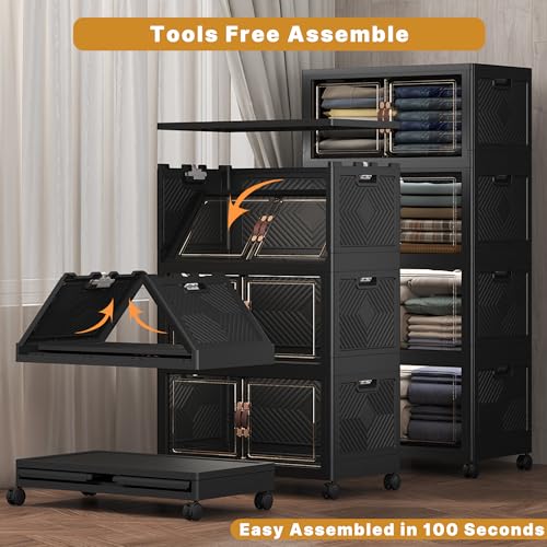 Image of UAMFURI Extra Large Stackable Storage Bins with Lids & Wheels, 480QT-120QT /30GAL*4Pack Foldable Collapsible Closet Organizers Storage Cabinet with Doors for Bedroom Dorm