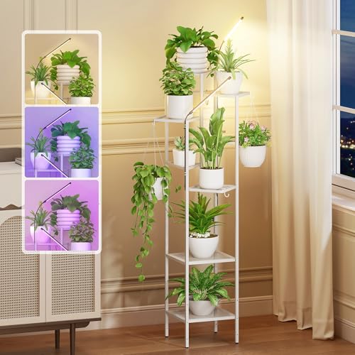 Image of Quikraen 8-Tier White Plant Stand with Grow Lights, 58.5 inch Tall Ultra-Narrow Corner Plant Shelf with 2-Head LED Grow Light & Hanging Hooks, Space-Saving Metal Flower Pot Holder Rack for Indoor Plants, Patio, Balcony