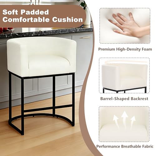 Image of 26 inch Counter Height Bar Stools Set of 4, Faux Leather Upholstered Barrel Chairs with Back and Arms, Metal Frame Kitchen Island Stools with Footrest, Cream White