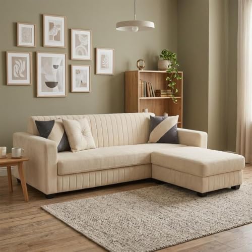 Image of SLEEPIFY Avren 3 Seater Velvet Fabric Sofa Set with 1 Ottoman (Cream) | Premium Soft Velvet | Plush Comfort Cushions | Modern Living Room Sofa