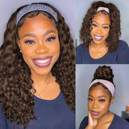 Image of Chocolate Brown Deep Wave Headband Wig Human Hair Curly for Women 16 Inch | #4 Colored, Glueless, 150% Density, None Lace Front, Brazilian Virgin, Machine Made