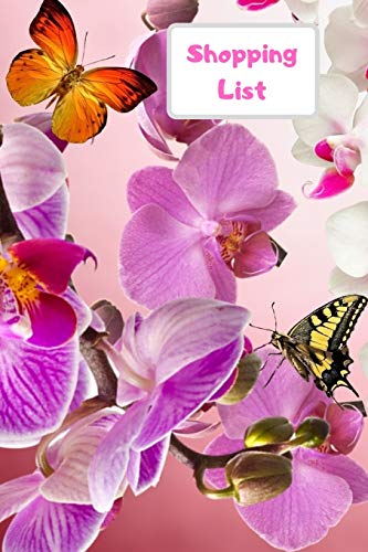 Shopping List: Lists of each page, list by different shops or types of food. Be organized for all your shopping needs. Never forget what you need with ... book. Lilac and white orchid flower design