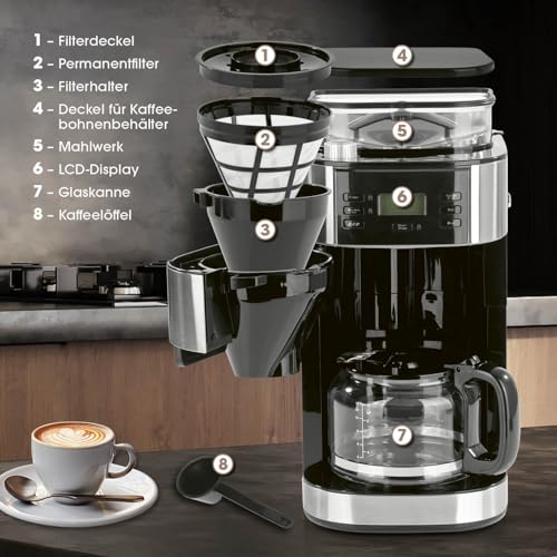 Barista Kaffee & Technik Barista Filterkaffeemaschine mit verstellbarem Mahlwerk & Glaskanne | Warmhaltefunktion, 24h Timer & Permanentfilter | Für 10 Tassen Kaffee | Kaffeemaschine für Bohnen & Pulver [Edelstahl] - Verwendungsansicht 7 | Kaffeemaschinen mit integrierter Mühle
